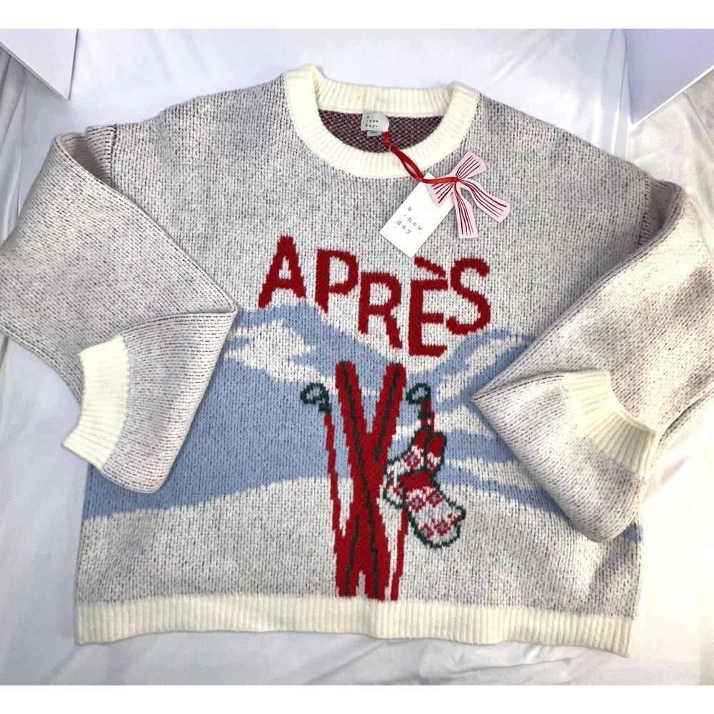 Target Holiday Crewneck‎ Sweater A New Day Cream Blue Red Apres Size XL NWT